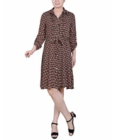 Ny Collection Petite Geometric Printed Roll Tab Sleeve Dobby Shirt Dress