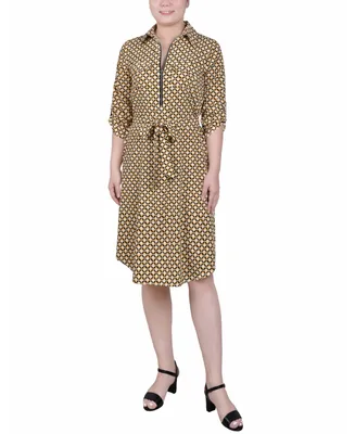 Ny Collection Petite 3/4 Roll Tab Zip Front Shirtdress