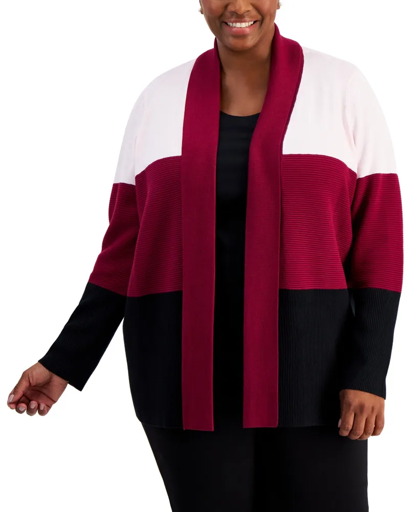 Karen Scott Plus Size Colorblocked Open-Front Cardigan, Created for Macy's