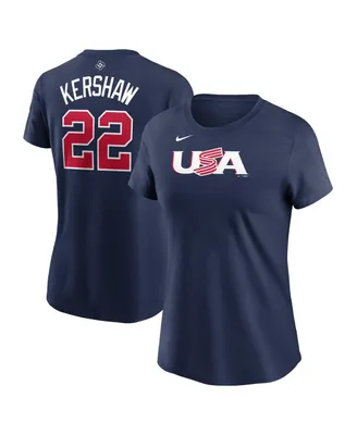 Women's Nike Clayton Kershaw Navy Usa Baseball 2023 World Classic Name and Number T-shirt