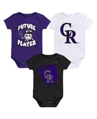 Infant Boys and Girls Purple, Black, White Colorado Rockies Minor League Player Three-Pack Bodysuit Set