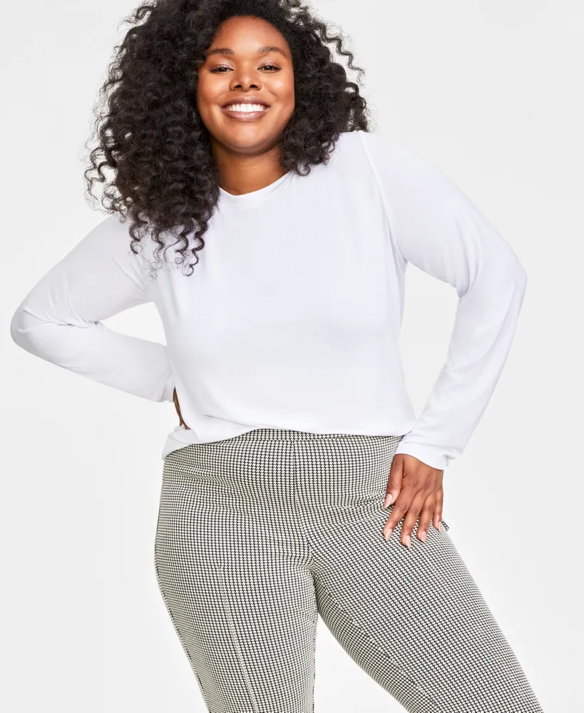 Plus Solid Long-Sleeve Crewneck Knit Top, Created for Macy's