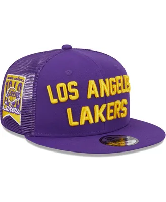 Men's New Era Purple Los Angeles Lakers Stacked Script 9Fifty Trucker Snapback Hat