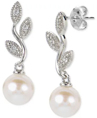 Cultured Freshwater Pearl (6 1/2mm) & Lab-Created White Sapphire (1/10 ct. t.w.) Vine Drop Earrings in Sterling Silver