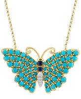 Effy Turquoise, Sapphire (1/10 ct. t.w.), & Diamond Accent Butterfly 16" Pendant Necklace in 14k Gold