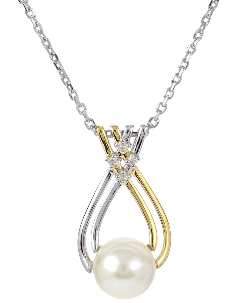 Macy's Cultured Freshwater Pearl (8mm) & Lab-Created White Sapphire (1/20  ct. t.w.) 18 Pendant Necklace in Sterling Silver & 14k Gold-Plate