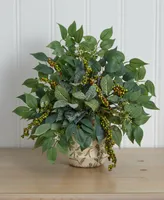 Nearly Natural Mixed Ficus, Fittonia and Berries Artificial Plant in Floral Vase