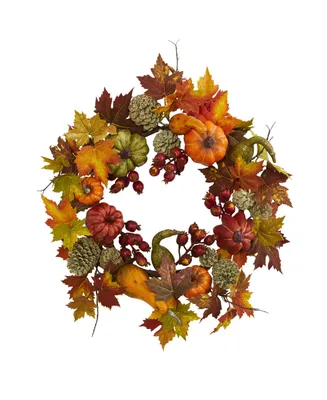 Nearly Natural 24" Pumpkin, Gourd, Berry and Maple Leaf Wreath