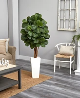 Nearly Natural 5' Fiddle Leaf Artificial Tree in White Tower Planter