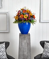 Nearly Natural Giant Mixed Floral Artificial Arrangement in Blue Vase