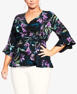 City Chic Plus Astrid Print Flutter Sleeve Top