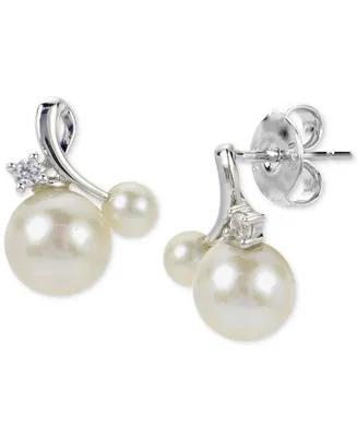 Cultured Freshwater Pearl (3-1/2 & 6-1/2mm) & Lab-Created White Sapphire (1/20 ct. t.w.) Stud Earrings in Sterling Silver