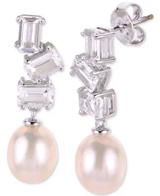 Cultured Freshwater Rice Pearl (7mm) & Lab-Created White Sapphire (2-1/10 ct. t.w.) Drop Earrings in Sterling Silver