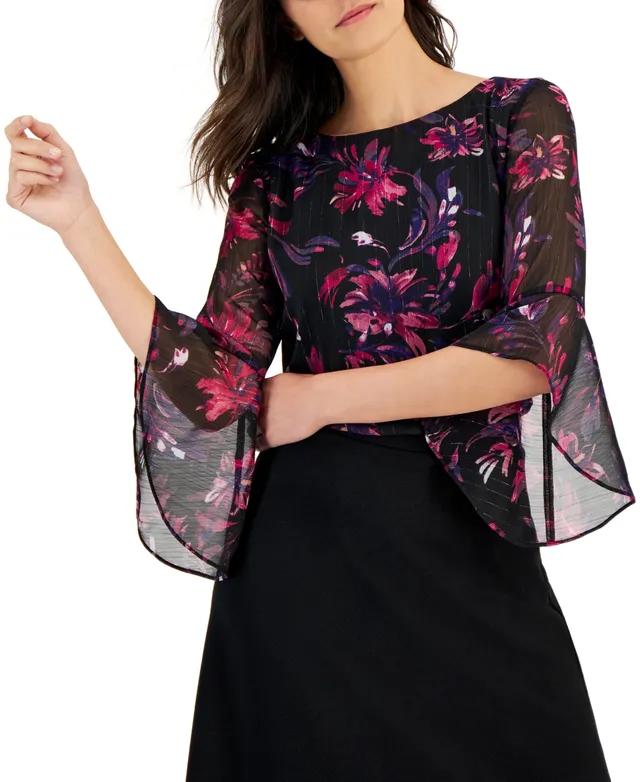 Kasper Petite Printed 3/4-Sleeve Side-Knot Top