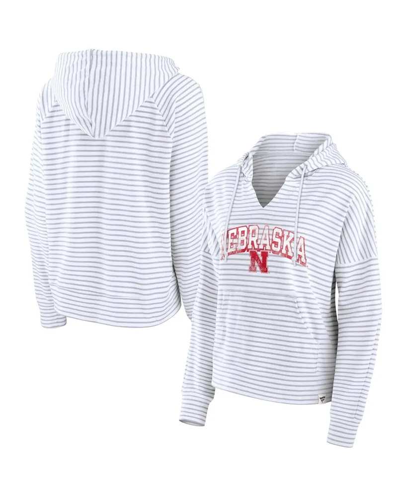 Women's Fanatics White Nebraska Huskers Striped Notch Neck Pullover Hoodie