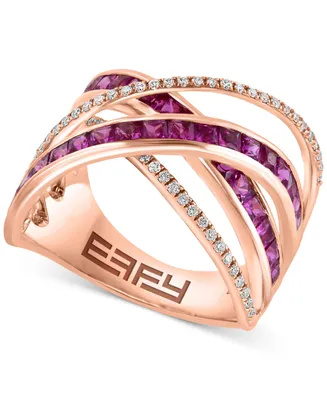 Effy Ruby (1-7/8 ct. t.w.) & Diamond (1/4 ct. t.w.) Multirow Crossover Ring in 14k Rose Gold