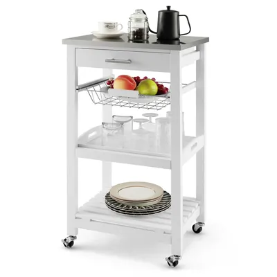 Compact Kitchen Island Cart Rolling Service Trolley with Stainless Steel Top Basket