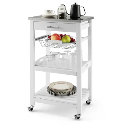 Costway Compact Kitchen Island Cart Rolling Service Trolley with Stainless Steel Top Basket