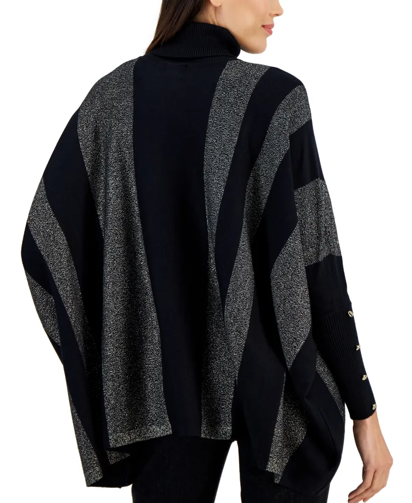 Jm Collection Women's Metallic-Stripe Poncho Turtleneck Sweater, Created for Macy's