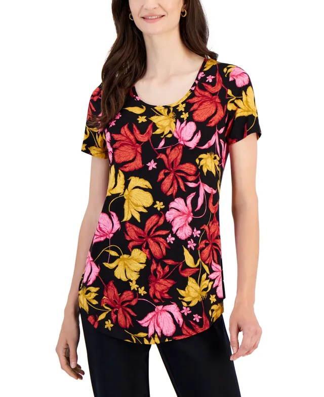 Jm Collection Women's Floral-Print Pleated-Shoulder Top, Created