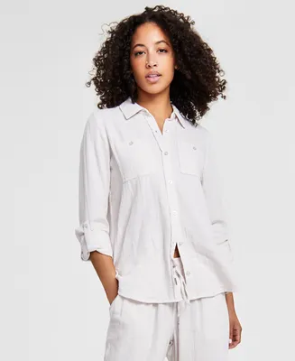 Calvin Klein Jeans Petite Cotton Button-Front Roll-Sleeve Shirt