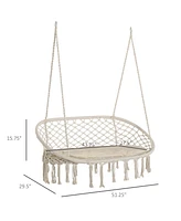Outsunny 2-Person Hammock Chair Macrame Swing with Soft Cushion, Hanging Cotton Rope Chair for Indoor Outdoor Home Patio Backyard, White