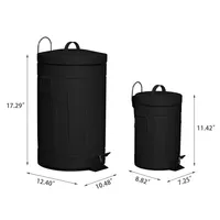 Mega Casa 3.2 Gal./12 Liter and 0.8 Gal./3 Liter Old Time Style Round Black Color Metal Step-on Trash Can Set