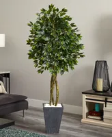 Nearly Natural 6.5' Ficus Uv-Resistant Indoor/Outdoor Artificial Tree in Slate-Tone Clay Planter