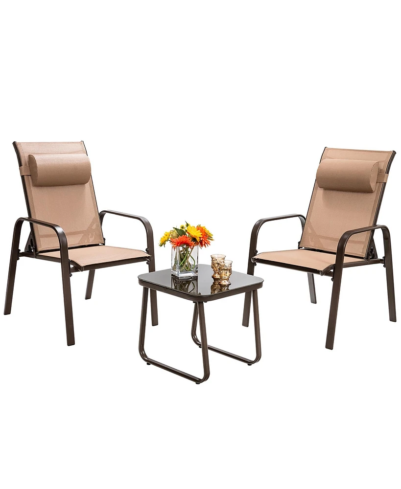 3PCS Patio Bistro Furniture Set Adjustable Back Stackable Chairs