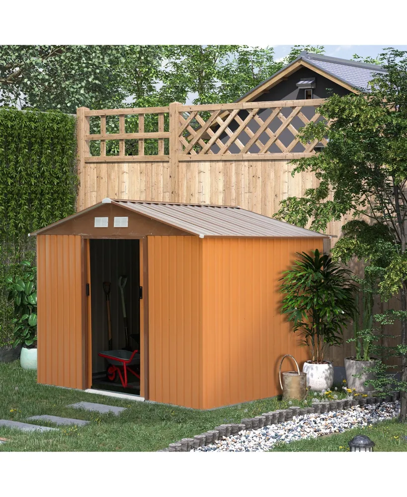 Outsunny 9' x 6' Metal Storage Shed Garden Tool House with Double Sliding Doors, 4 Air Vents for Backyard, Patio, Lawn Brown