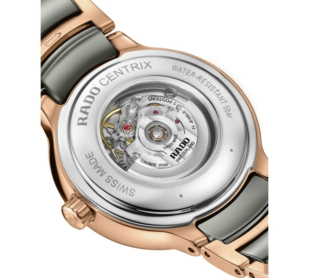 Rado Unisex Swiss Automatic Centrix Diamond (1/20 ct. t.w.) Gray High-Tech Ceramic & Rose Gold Pvd Stainless Steel Bracelet Watch 31mm