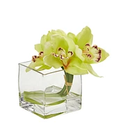 Nearly Natural Cymbidium Orchid Artificial Arrangement Glass Vase (Set of 2)