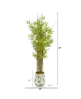 Nearly Natural 64" Grass Artificial Bamboo Plant in Floral Print Planter