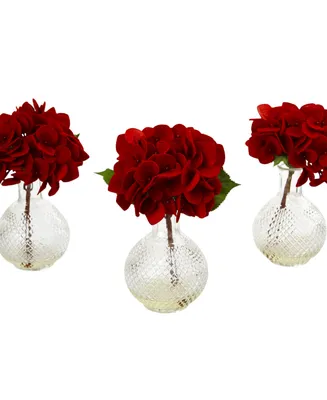 Nearly Natural Red Hydrangea w/Glass Vase, Set of 3