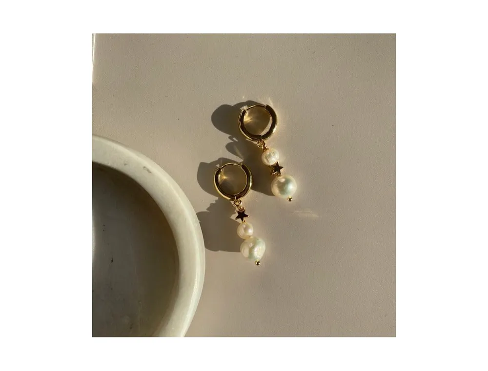 Joey Baby 18K Gold Plated Freshwater Pearls with Stars Huggie Hoops - Twinkie Earrings For Women