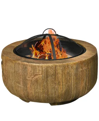 Outsunny Outdoor Fire Pit, Inch Metal Wood Burning Fireplace with Spark Cover, Poker, Woodgrain Design for Patio, Picnic, Backyard