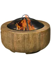 Outsunny Outdoor Fire Pit, 24 Inch Metal Wood Burning Fireplace with Spark Cover, Poker, Woodgrain Design for Patio, Picnic, Backyard, Light Brown