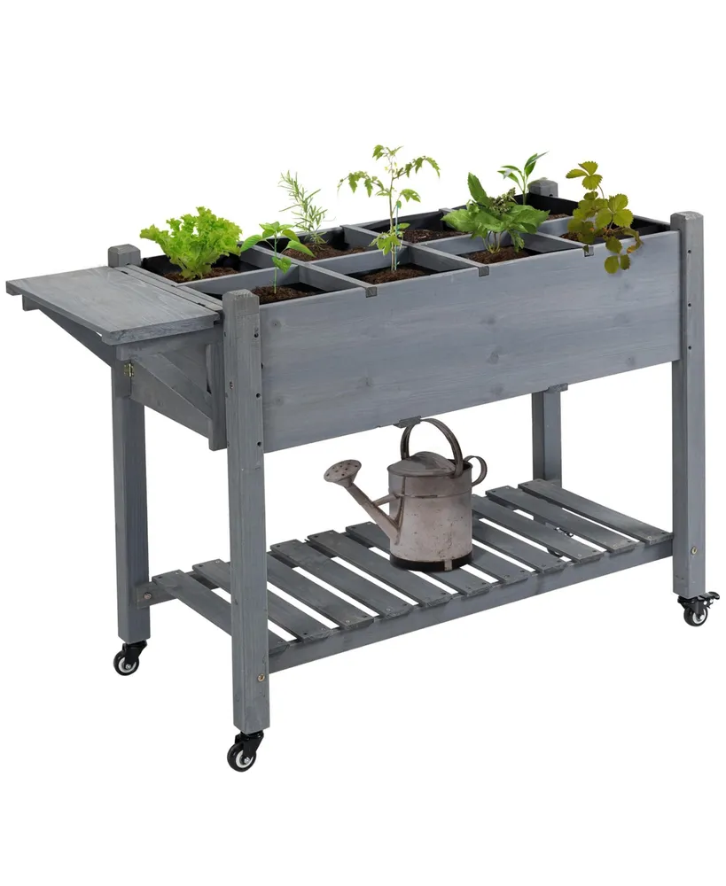 Outsunny 49" x 21" x 34" Raised Garden Bed w/ 8 Grow Grids, Outdoor Wood Plant Box Stand w/ Folding Side Table and Lockable Wheels for Vegetables, Flo