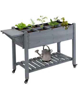 Outsunny 49" x 21" x 34" Raised Garden Bed w/ 8 Grow Grids, Outdoor Wood Plant Box Stand w/ Folding Side Table and Lockable Wheels for Vegetables