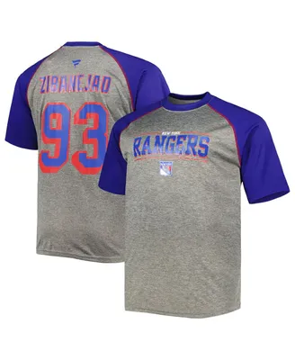 Men's Fanatics Mika Zibanejad Heather Gray, Blue New York Rangers Big and Tall Contrast Raglan Name Number T-shirt