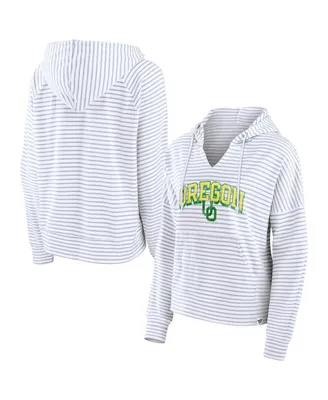 Women's Fanatics White Oregon Ducks Striped Notch Neck Pullover Hoodie