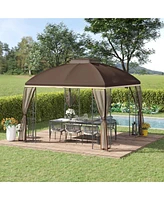 Outsunny 10' x 10' Patio Gazebo, Double Roof Outdoor Gazebo Canopy Shelter with Removable Mesh Netting, Display Shelves, Brown