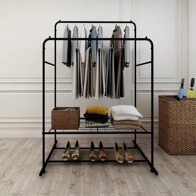 Simplie Fun Garment Rack Freestanding Hanger Double Rods Multi-Functional Bedroom Clothing Rack