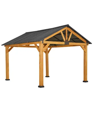 Outsunny 11x13 Hardtop Gazebo with Wooden Frame, Permanent Metal Roof Gazebo Canopy with Ceiling Hook for Garden, Patio, Backyard