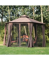 Outsunny 13' x 13' Patio Gazebo, Double Roof Hexagon Outdoor Gazebo Canopy Shelter w/ with Netting & Curtains, Solid Steel Frame for Garden, Lawn