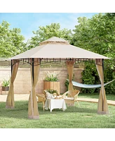 Outsunny 10'x10' Outdoor Patio Gazebo Canopy Metal Canopy Tent with 2-Tier Roof and Mesh Netting for Backyard, Beige