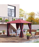 Outsunny 10' x 10' Patio Gazebo Aluminum Frame Outdoor Canopy Shelter with Sidewalls, Vented Roof for Garden, Lawn, Backyard and Deck, Wine Red