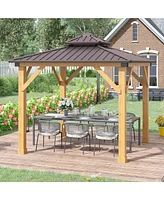 Outsunny 10x10 Hardtop Gazebo with Wooden Frame, Permanent Metal Roof Gazebo Canopy with Ceiling Light Hook for Garden, Patio, Backyard, Brown