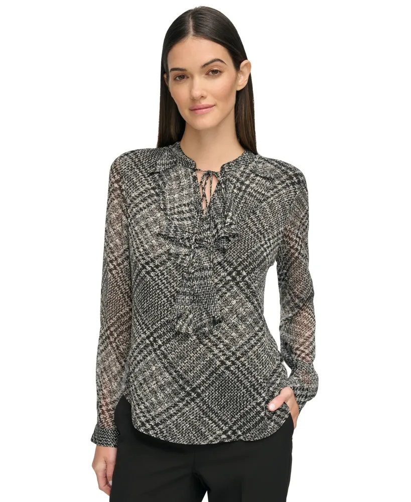 Tommy Hilfiger Women's Textured-Plaid Tie-Neck Top