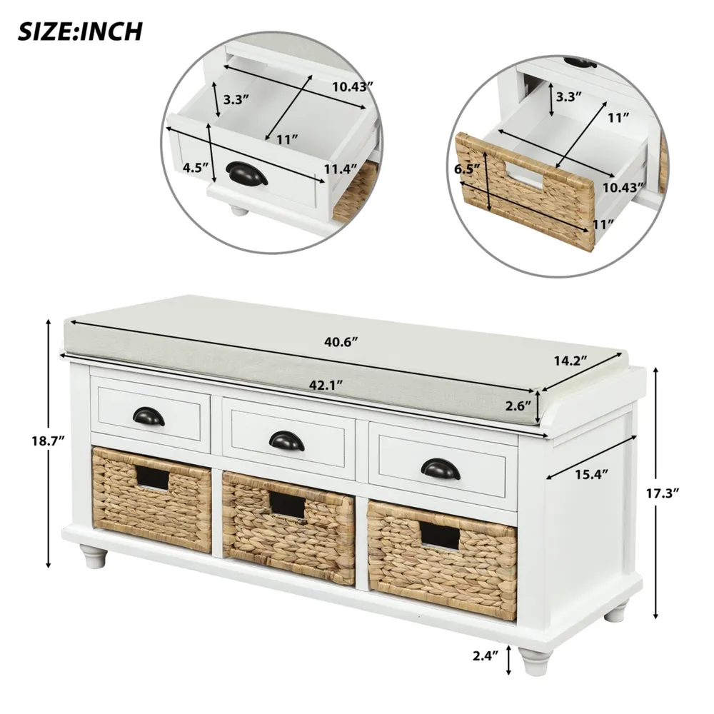 Simplie Fun Rustic Storage Bench With 3 Drawers And 3 Rattan Baskets, Shoe Bench For Living Room